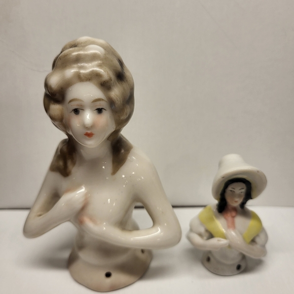 Lot Of 2 Antique VTG Half Dolls Ceramic Porcelain Pin Cushion Body 4.25 & 2.5" - Picture 1 of 12
